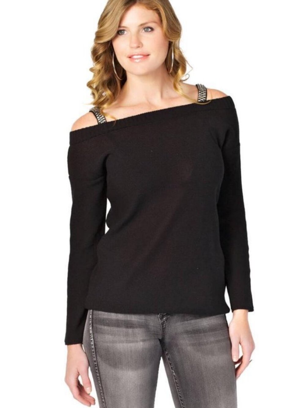 Love Moschino Studded Sweater Black Top Sexy Designer Long Sleeves Cold Shoulder